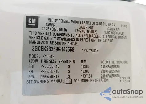 2009 Chevrolet Silverado 1500 Lt z USA, uszkodzony, nr VIN 3GCEK23369G147658